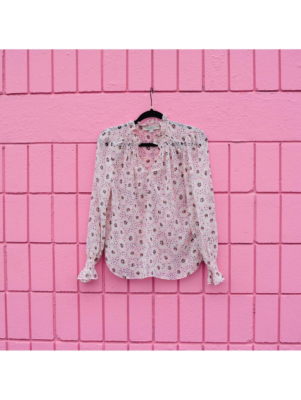 #123 XS Loft Pink Sheer Floral Black Pastel Blouse